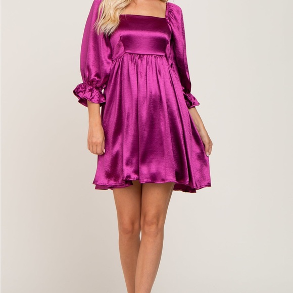 Pink Blush Magenta Satin Square Neck Babydoll Maternity Mini Dress size small - Picture 3 of 6